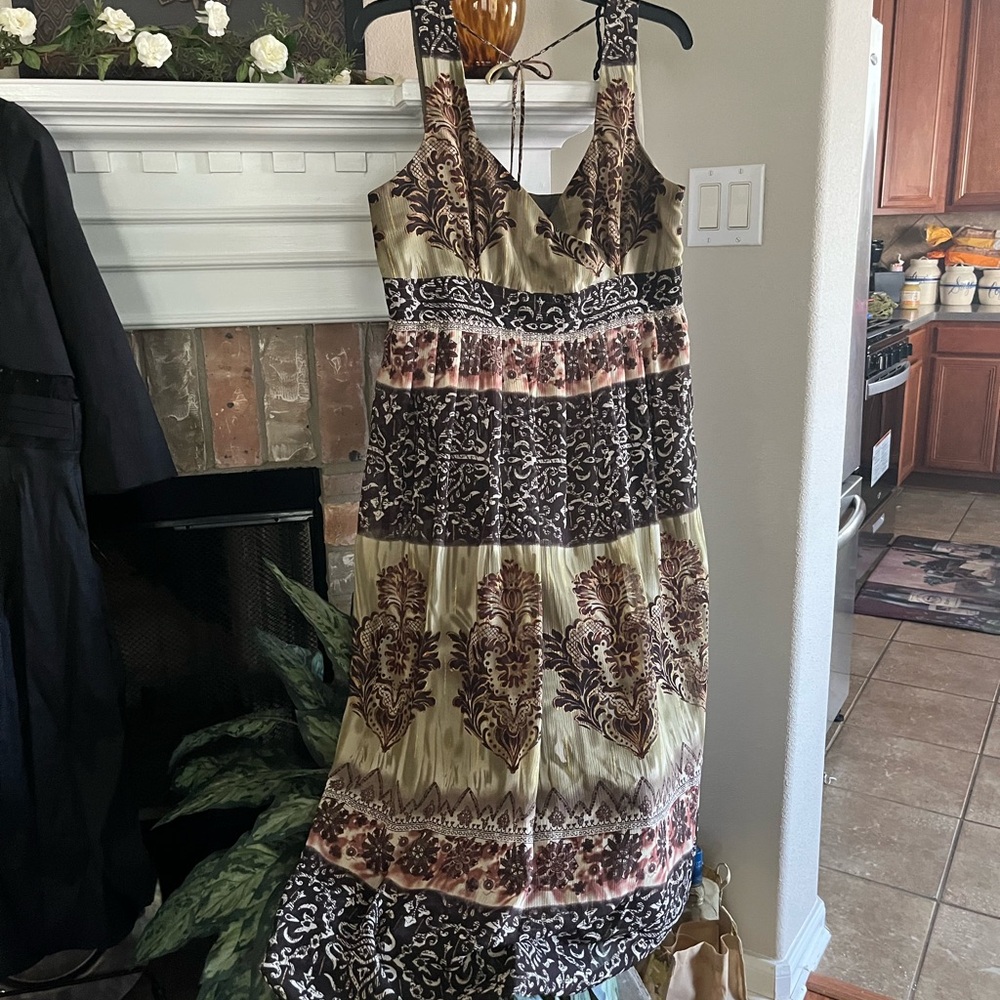 Positive Attitude Brown and Tan Sleeveless V-Neck Midi Sundress